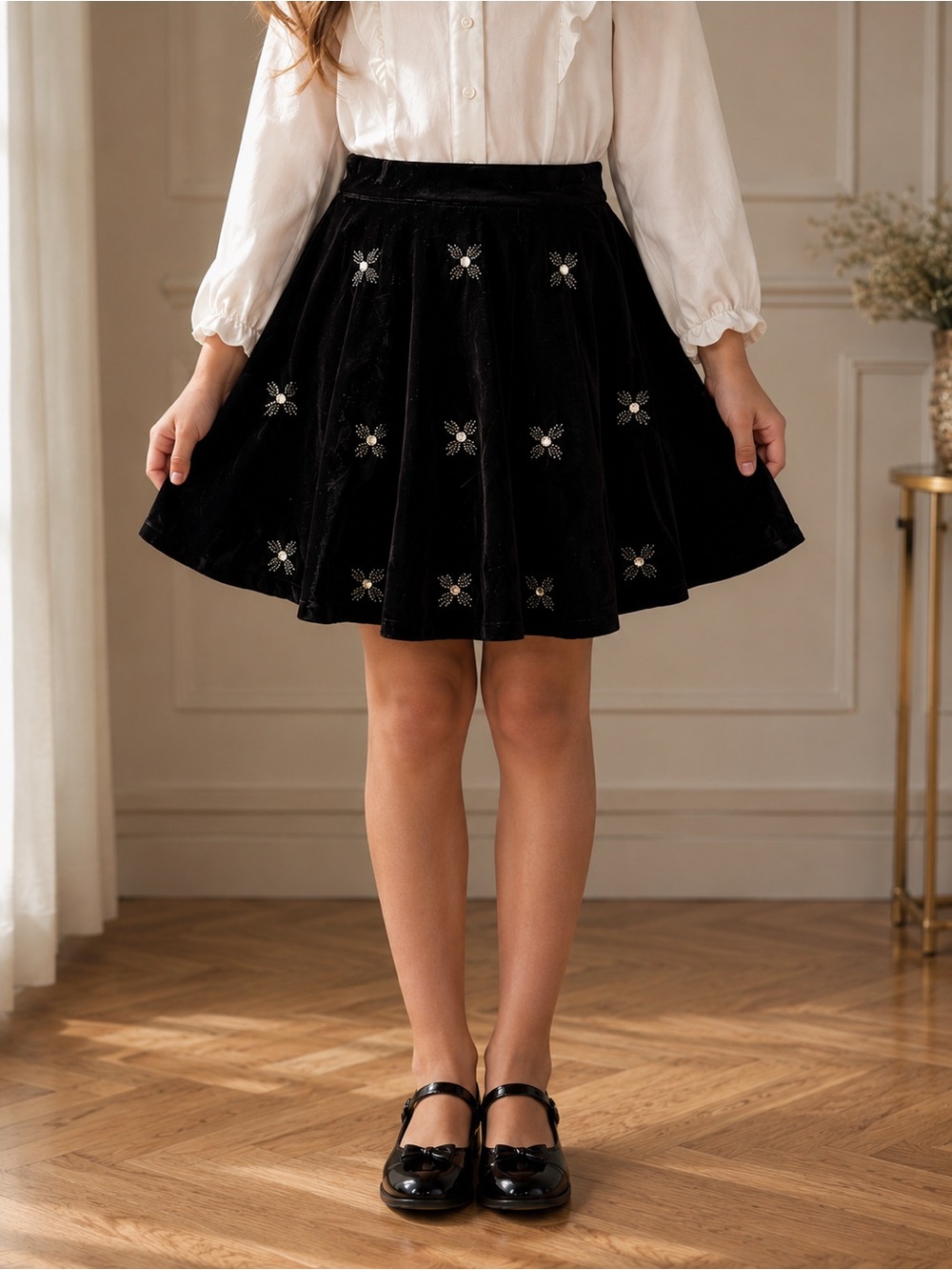 Zara Girls Black Velvet Skater Skirt NWT Beaded Rhinestone Embellished Size 9-10